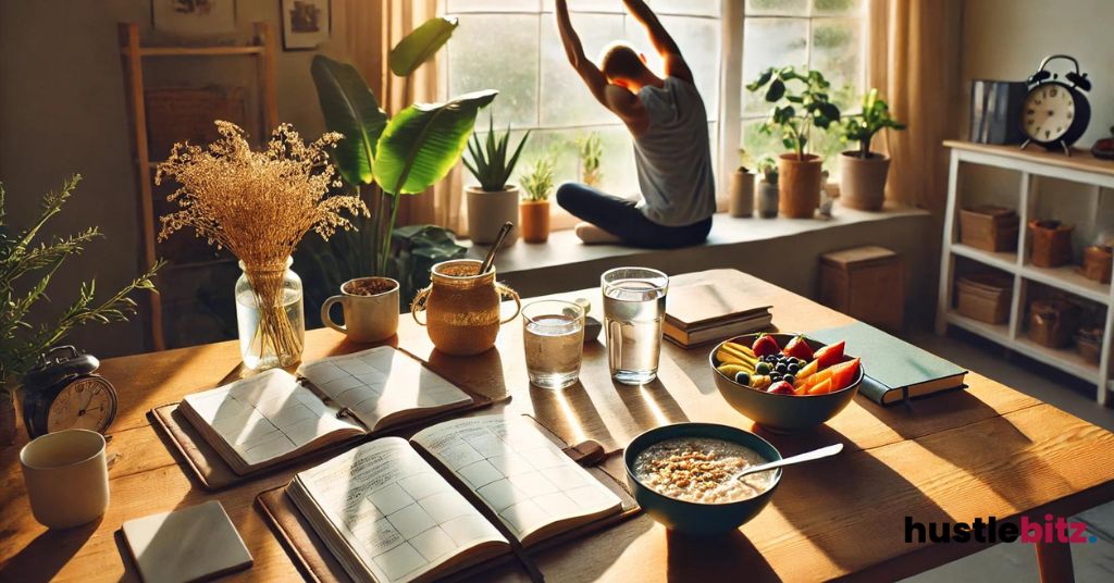 A man doing stretching facing the window and a table with foods and books