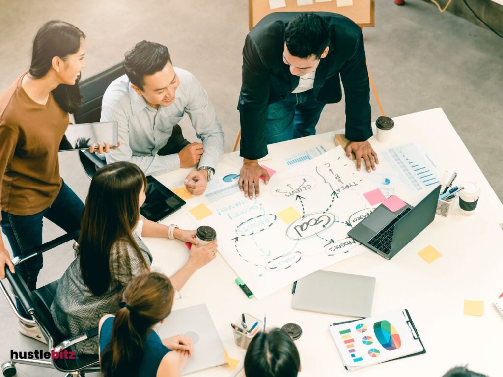 A group of people talking and a paper in the table with roadmap