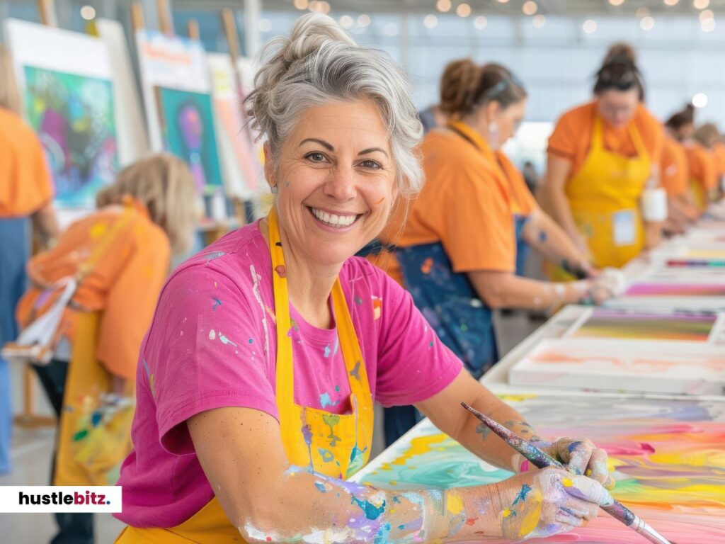 A woman happily painting at a creative workshop, covered in paint.