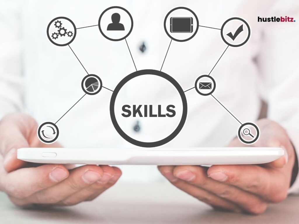 Hands holding a tablet with the word "skills" at the center, connected to various icons.