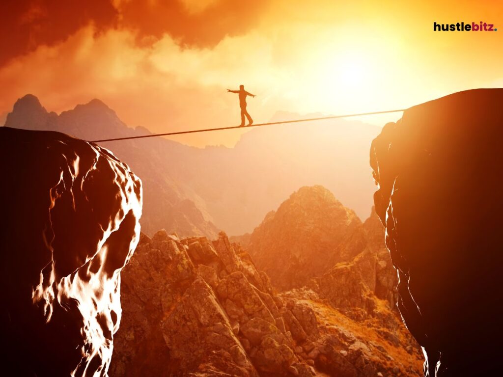 A person walking in the rope between two rocks