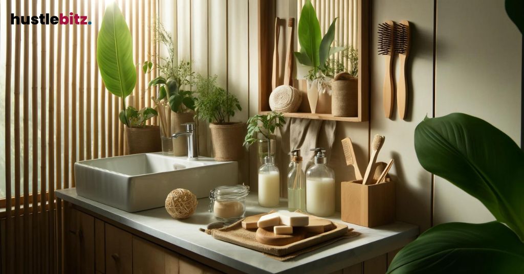 Serene bathroom setup with eco-friendly items, featuring bamboo and plants.