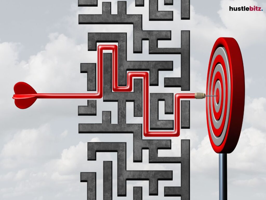 A dart navigating through a maze and hitting a target at the end.