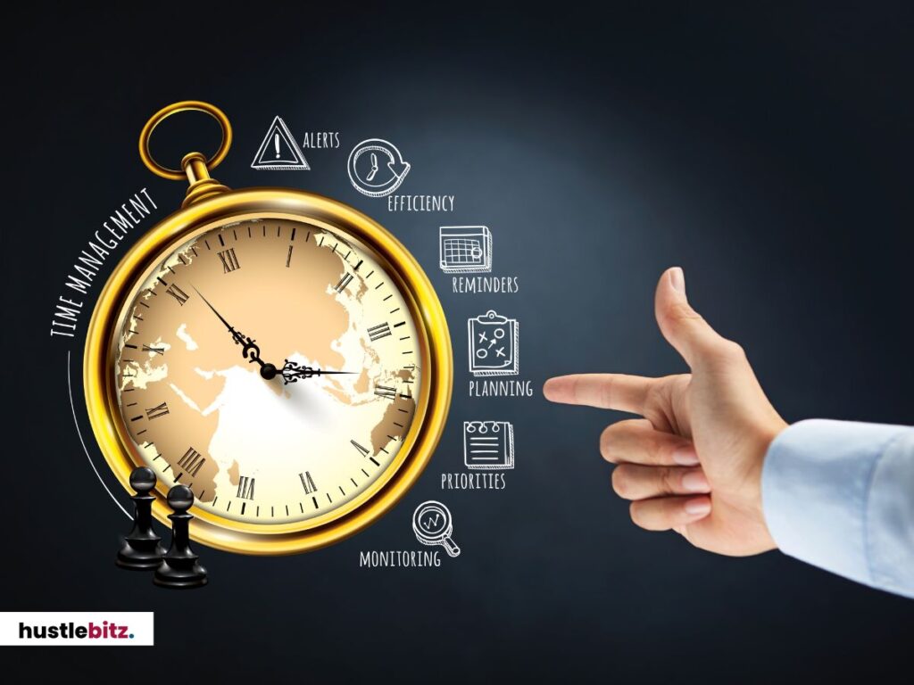 A hand pointing at a clock surrounded by icons for planning and time management.