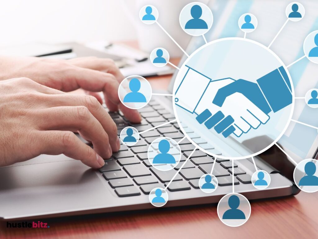 A hand and a laptop with hand shake icon