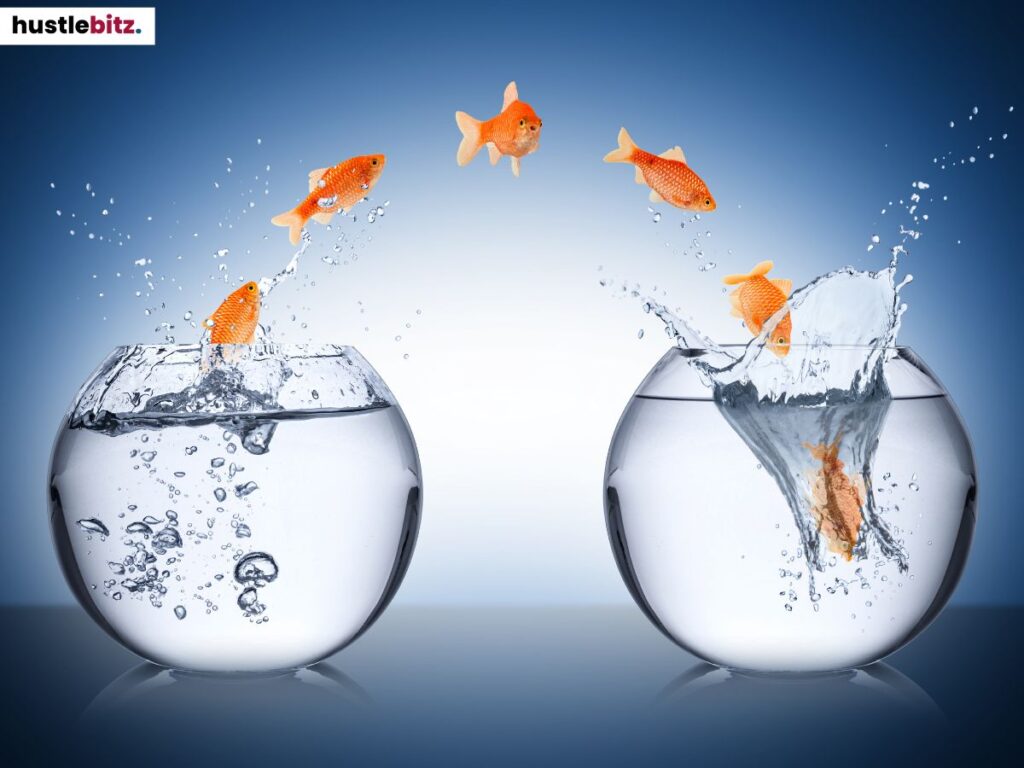 Goldfish jumping between two bowls, splashing water.