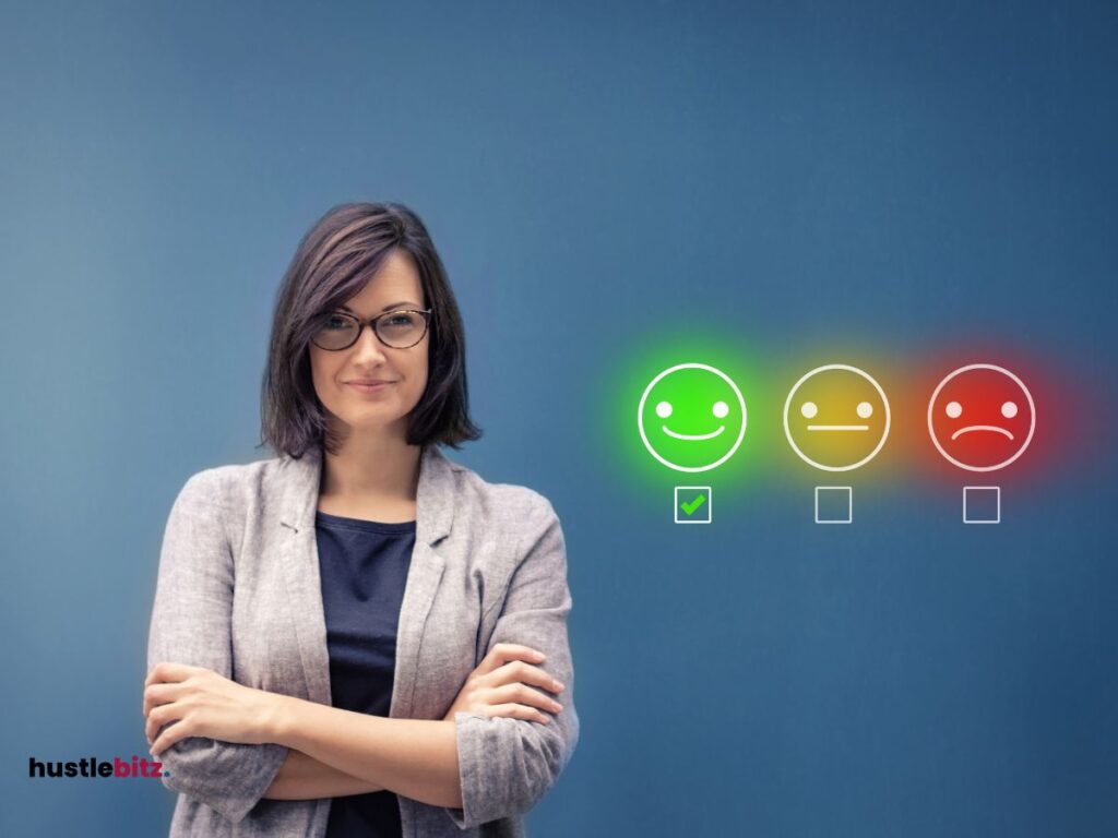 a woman standing wearing eyeglass and the left side different emotions rate