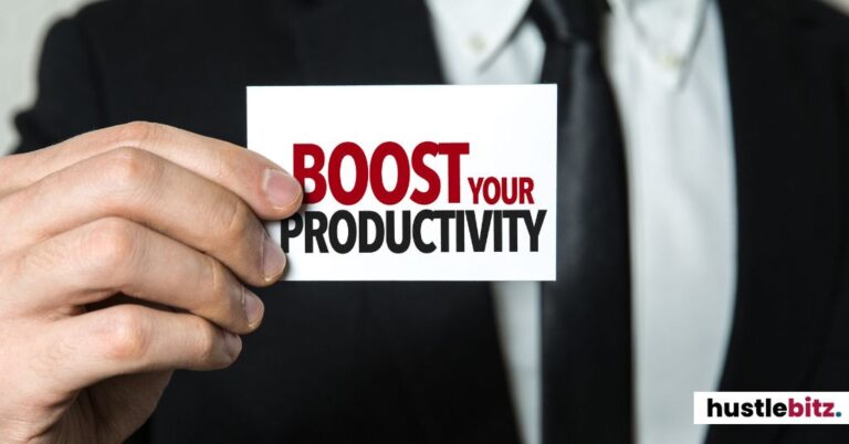 A man holding a card with "Boost Your Productivity" printed on it.