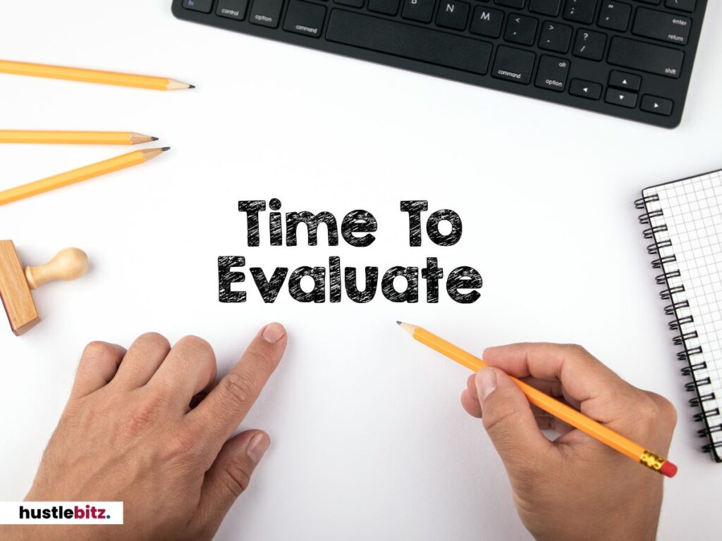 Hands pointing to "Time to Evaluate" text on a white background.