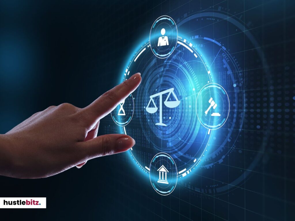 Finger touching digital icons representing law and justice on a virtual screen.