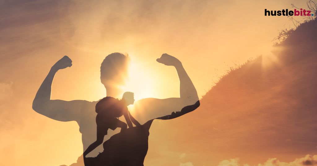 A man climbing the rock mountain with a posture of resilience