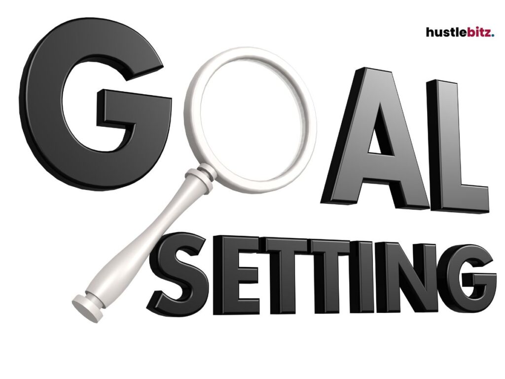 A text "GOAL SETTING" with a magnifying glass substitute to the letter 'O'.