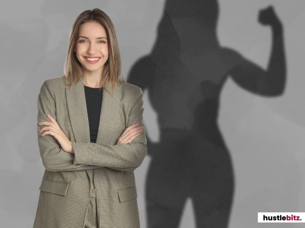 A confident woman with a strong shadow behind her, symbolizing inner strength.