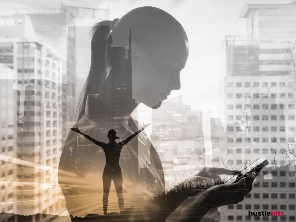 A woman holding a cellphone and a building background