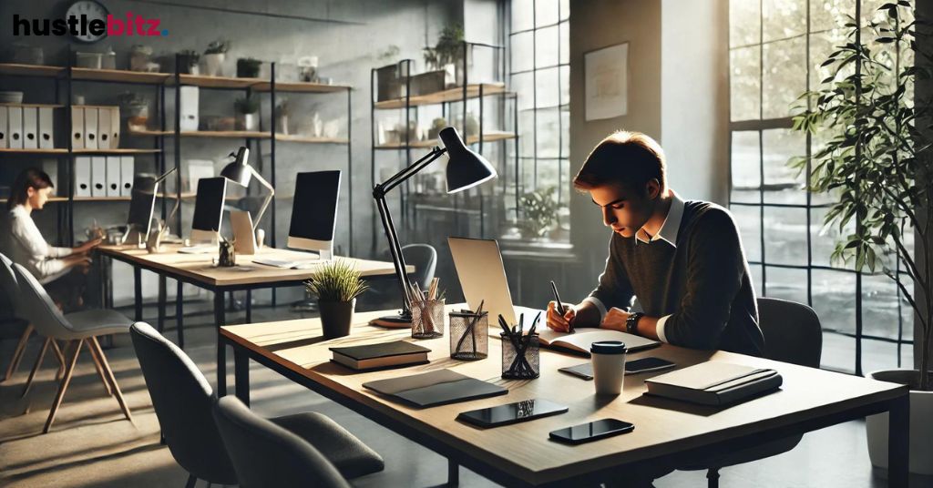 Man working at a desk in a sunlit office, taking notes and focused.