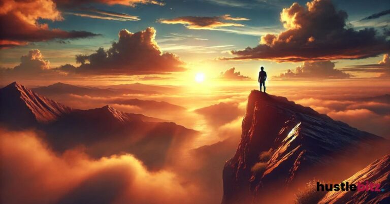 A person stands on a mountain peak, facing a dramatic sunrise.