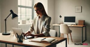 A woman in the office using laptop in the table