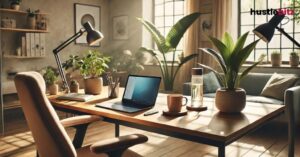 A workspace with table, chair, laptop, flower and windows