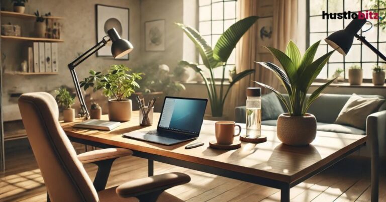 A workspace with table, chair, laptop, flower and windows