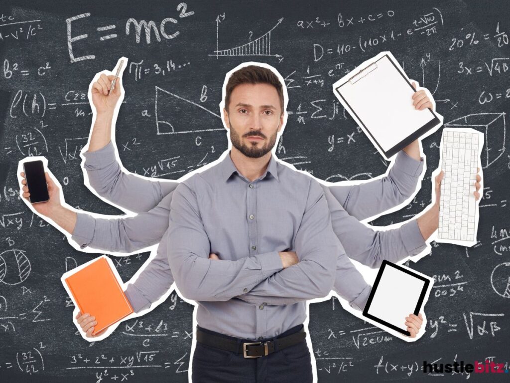 Man with multiple arms, holding various gadgets, with math equations in the background.