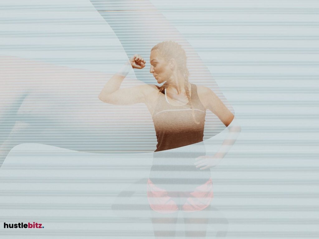 Double exposure of a woman flexing her arm.