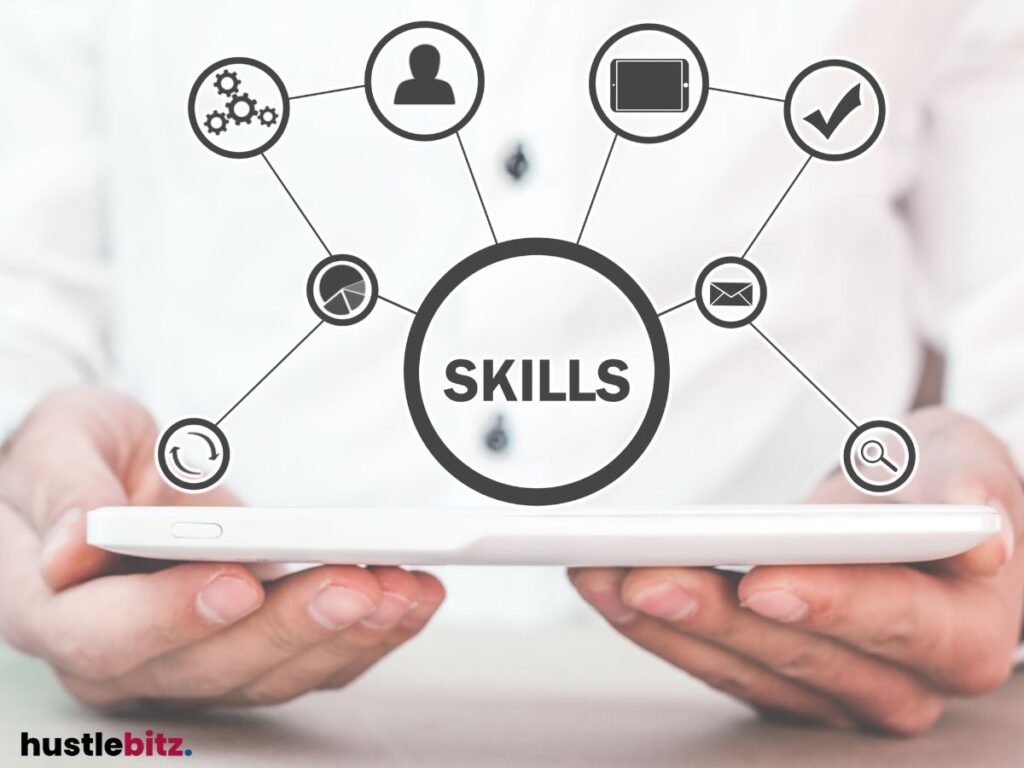 A tablet displaying various icons connected to the word "Skills."