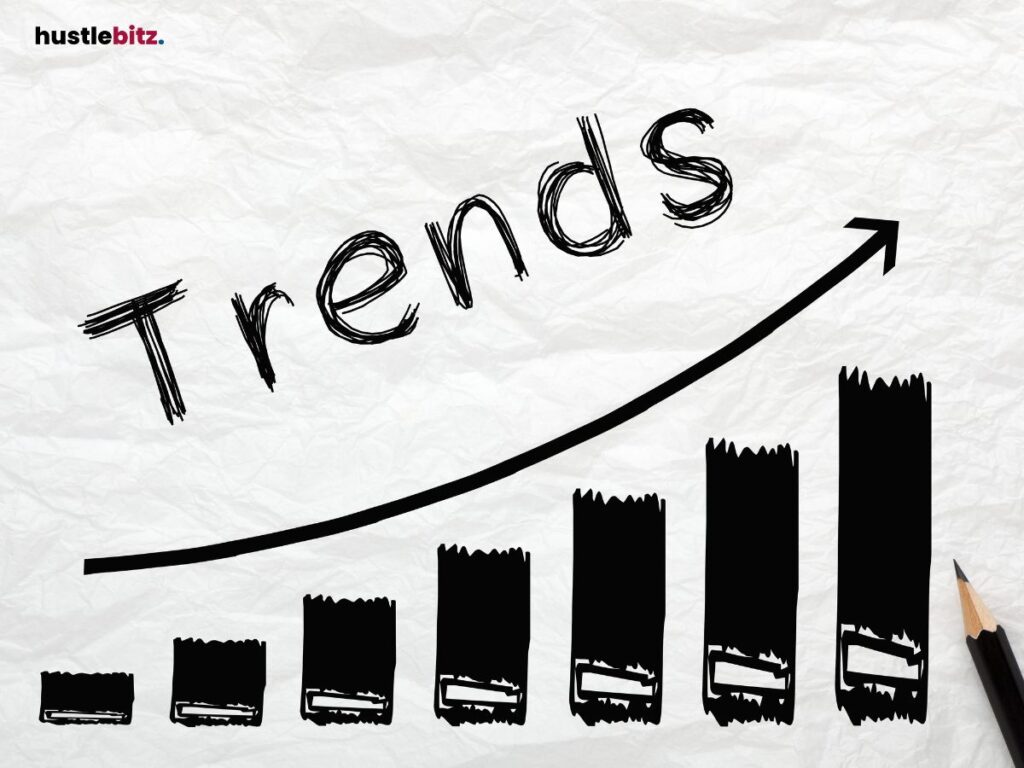 A hand-drawn bar graph labeled "Trends" with an upward arrow.