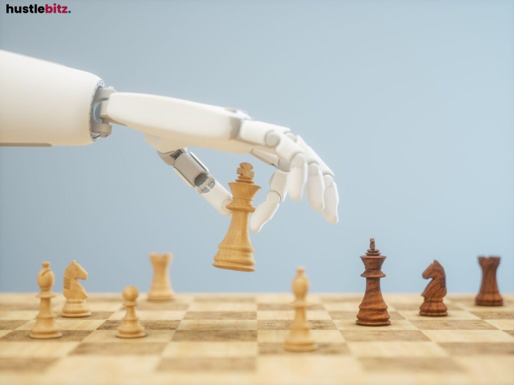 Robotic hand moving a chess piece on a chessboard.