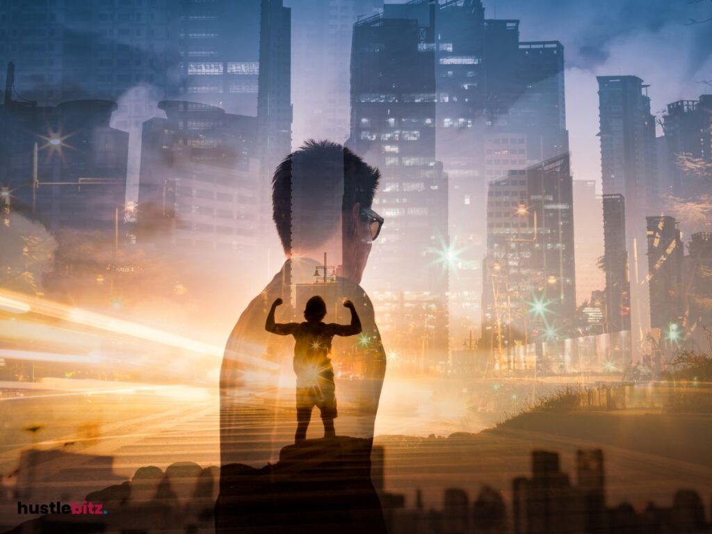 A man in the shadow shows victory