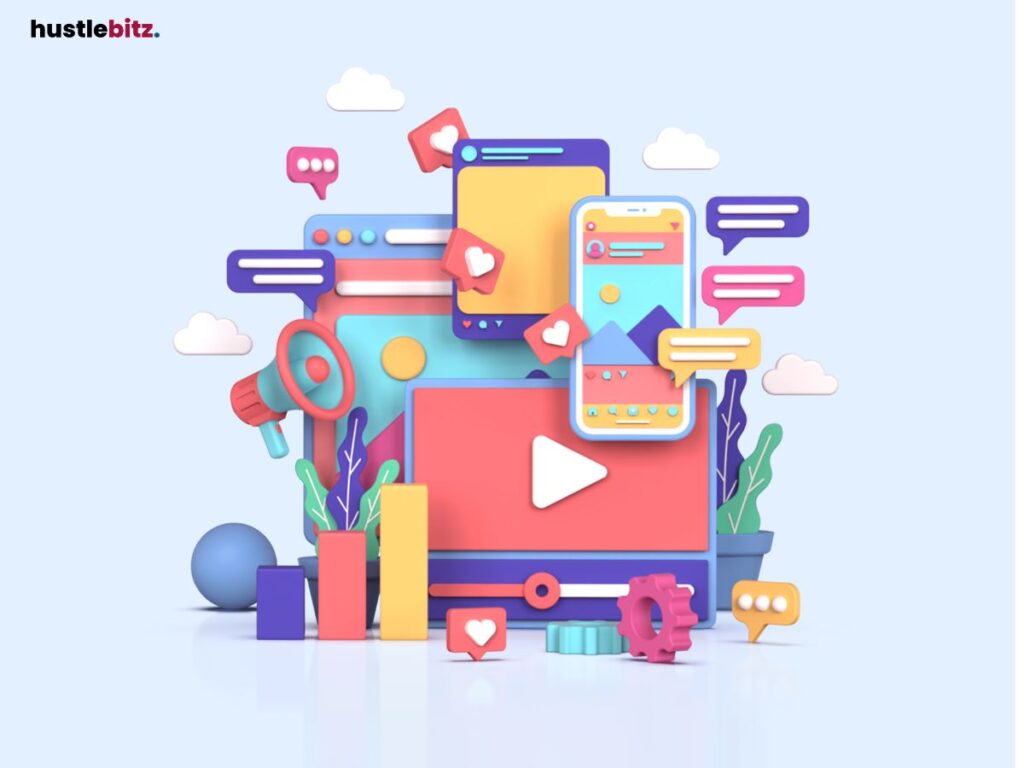 Vibrant icons representing social media engagement and content sharing.