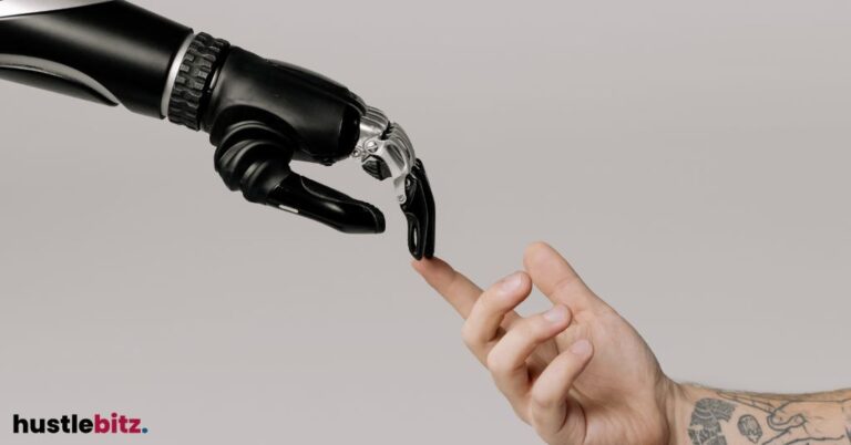 A robotic hand reaching a human hand.