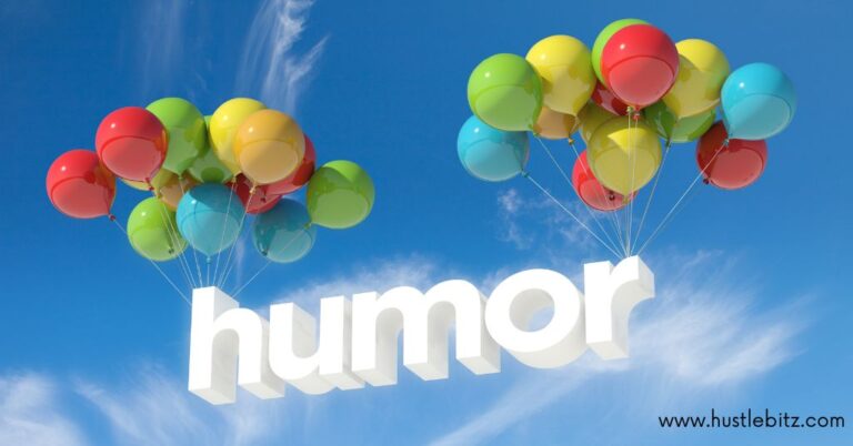 Colorful balloons lifting the word "humor" against a blue sky.