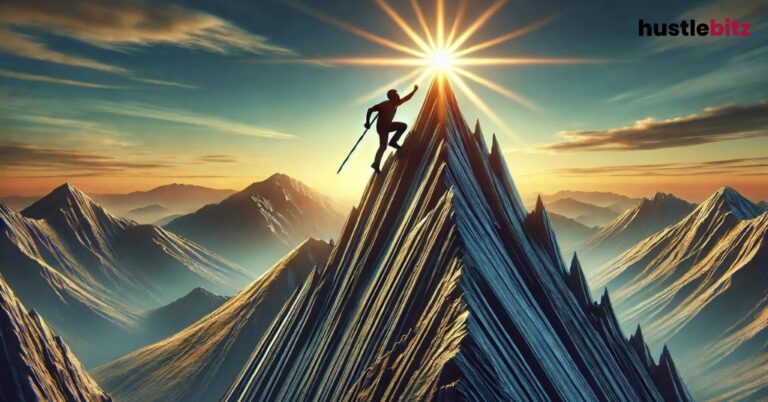 A climber nearing the peak of a mountain, symbolizing perseverance and achievement.