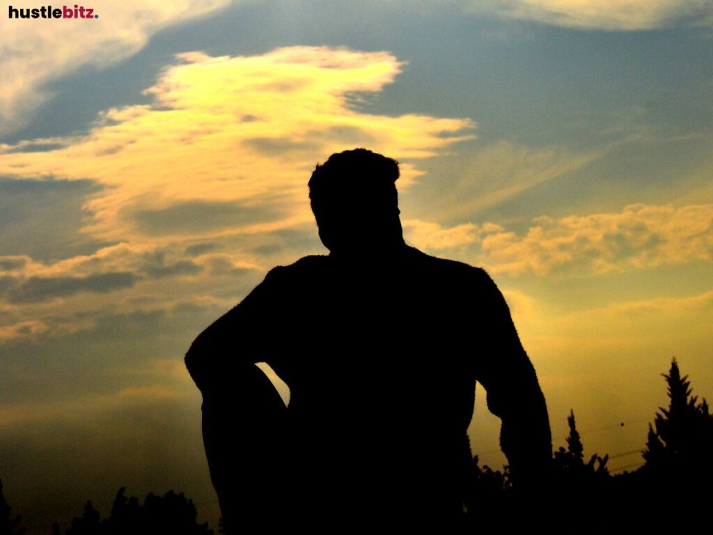 A silhouette of a person gazing at a sunset.