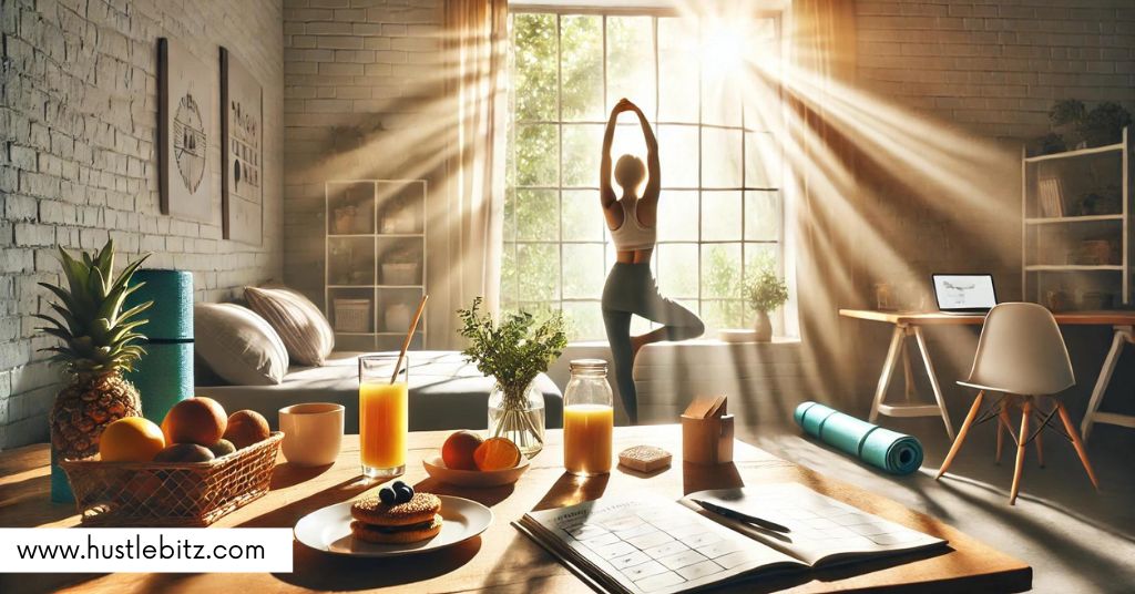 A peaceful morning scene with sunlight streaming through windows, and a woman doing yoga.