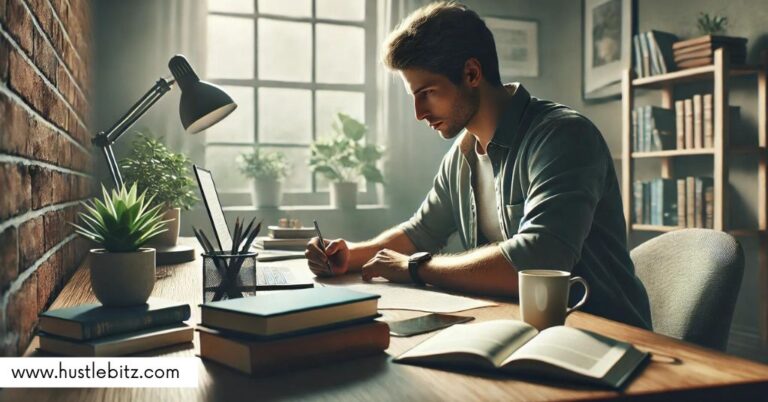 A man doing writing and a table with books, lamp and other things