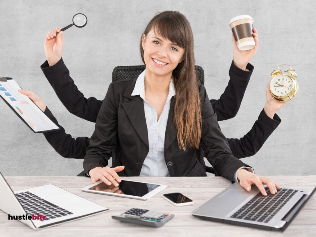 a woman's doing multi task  and holding different things