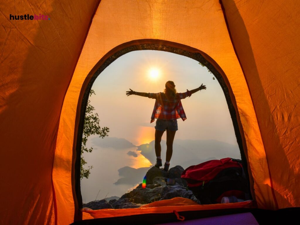 camping tent and a woman