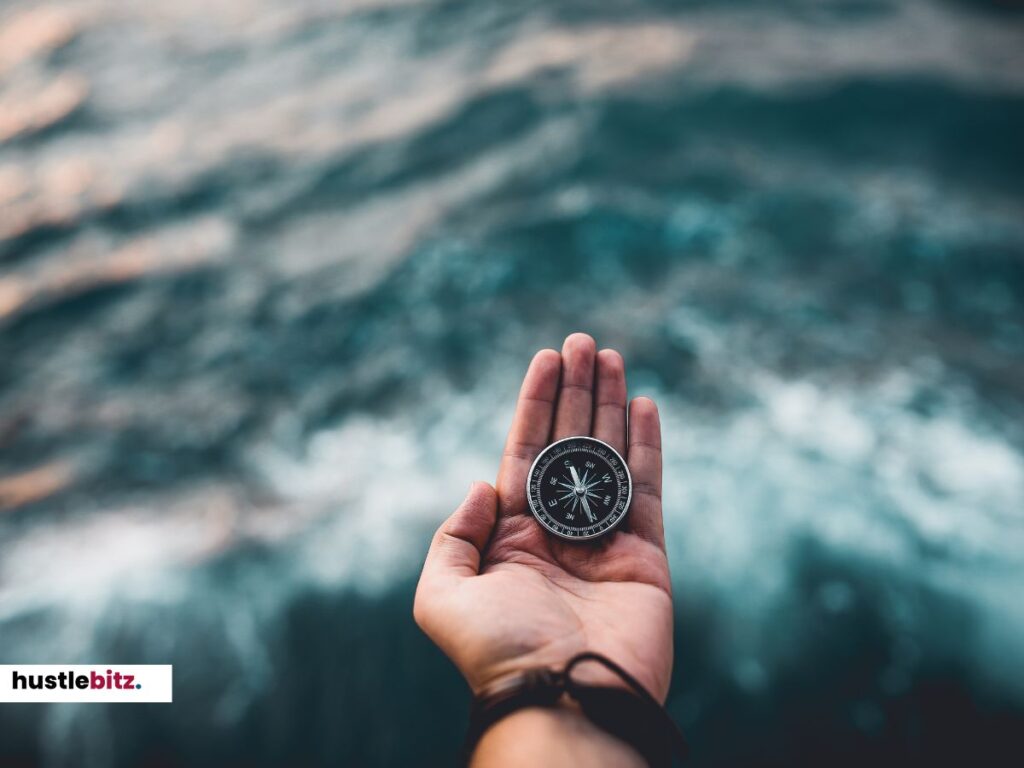 A persons hand holding a compass on its palm.