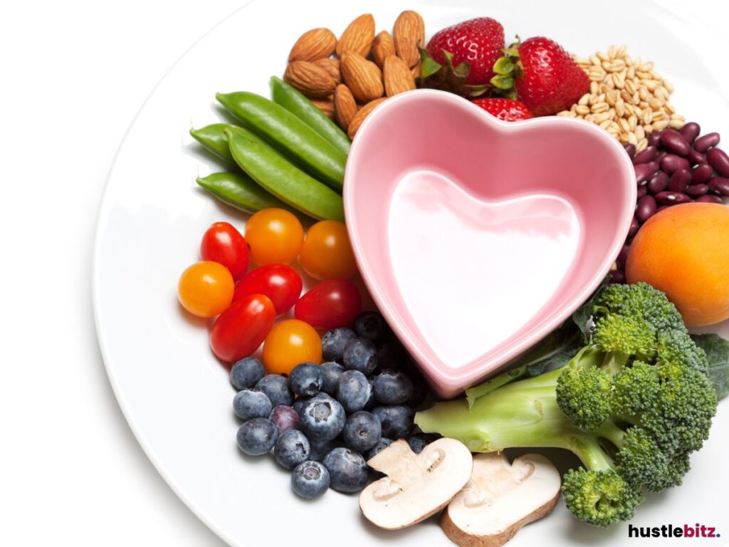 A plate full of vegetables and fruits.
