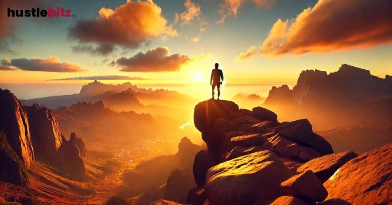 A person stands on a mountain at sunrise, symbolizing courage, growth, and overcoming challenges.