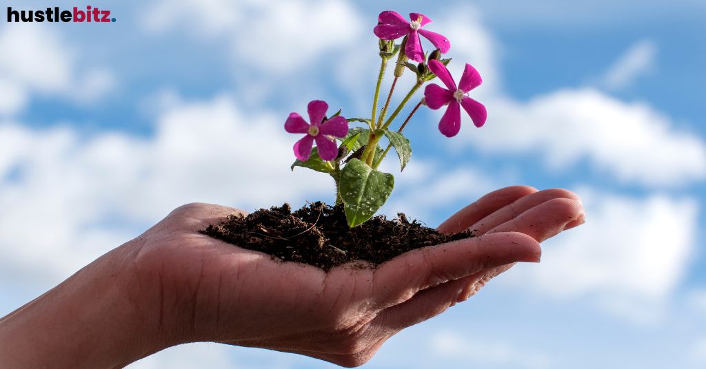 A hand holding a small plant with flowers and soil.