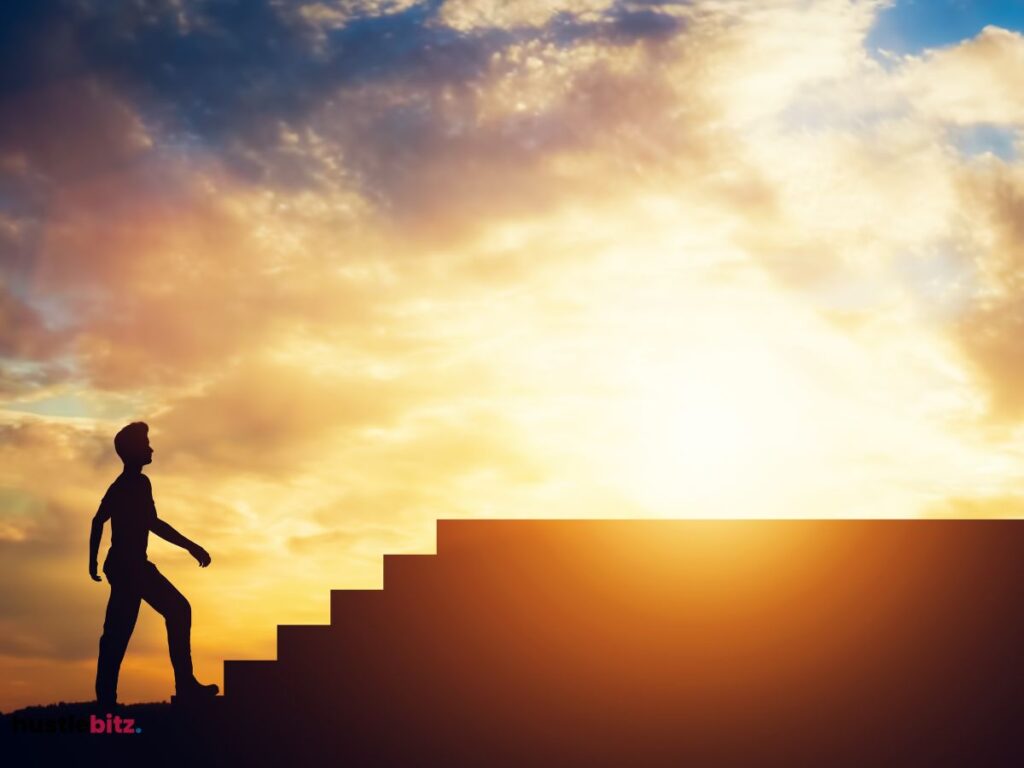 A man walking in the stairs with clouds and sun background