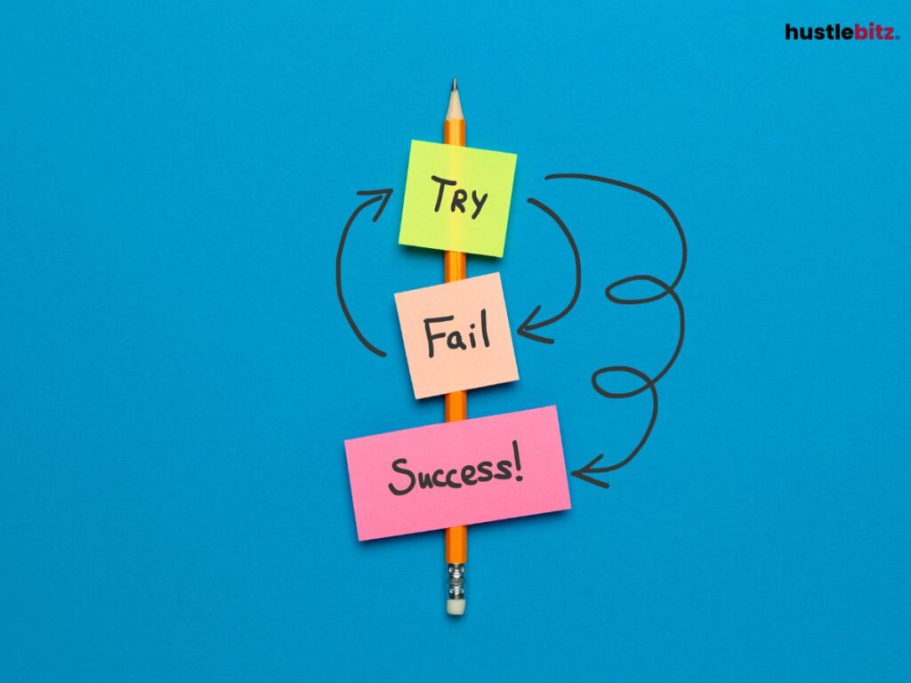 Sticky notes showing a process of "Try," "Fail," and "Success" written on a pencil.