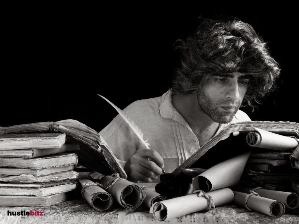 A man doing writing and different books in the table