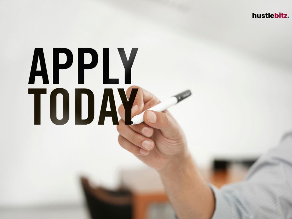 A hand holding a pen with bold text "APPLY TODAY".