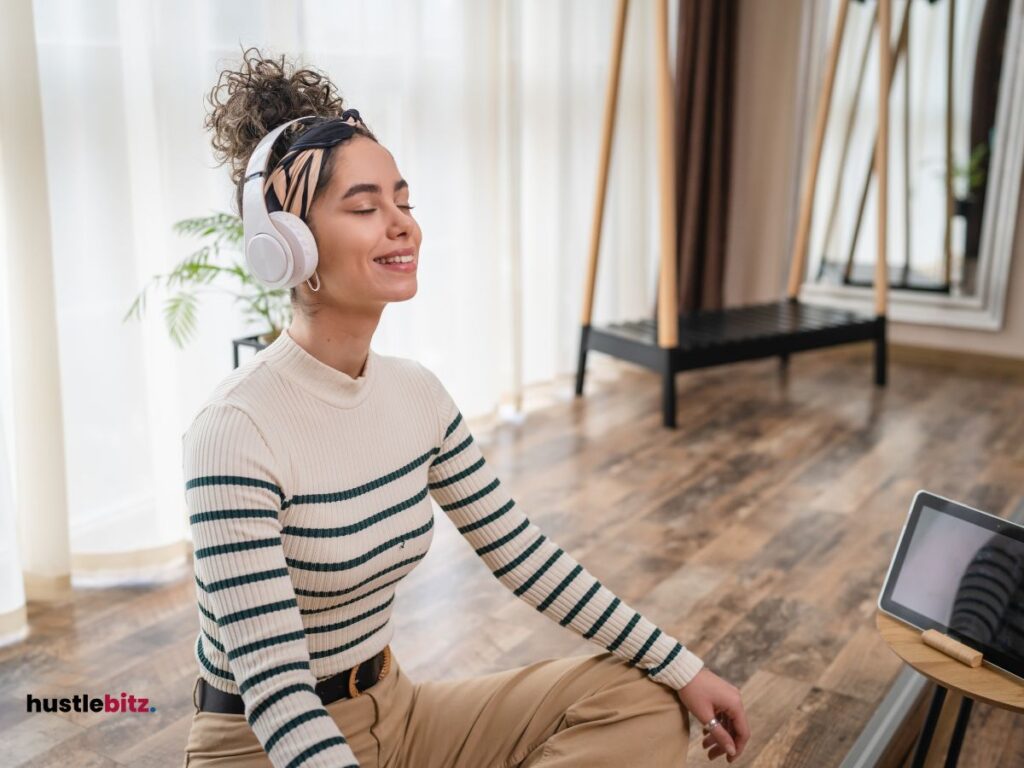 Woman wearing headset doing meditation 