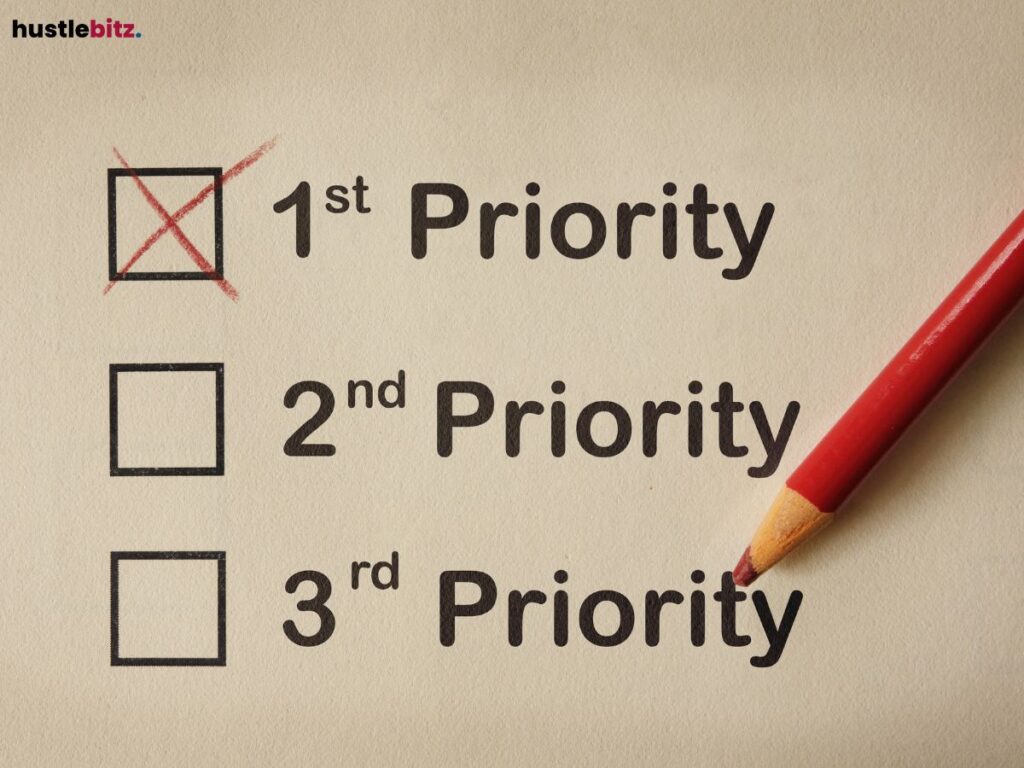 A checklist with "1st Priority" marked, and a pencil pointing at the options.