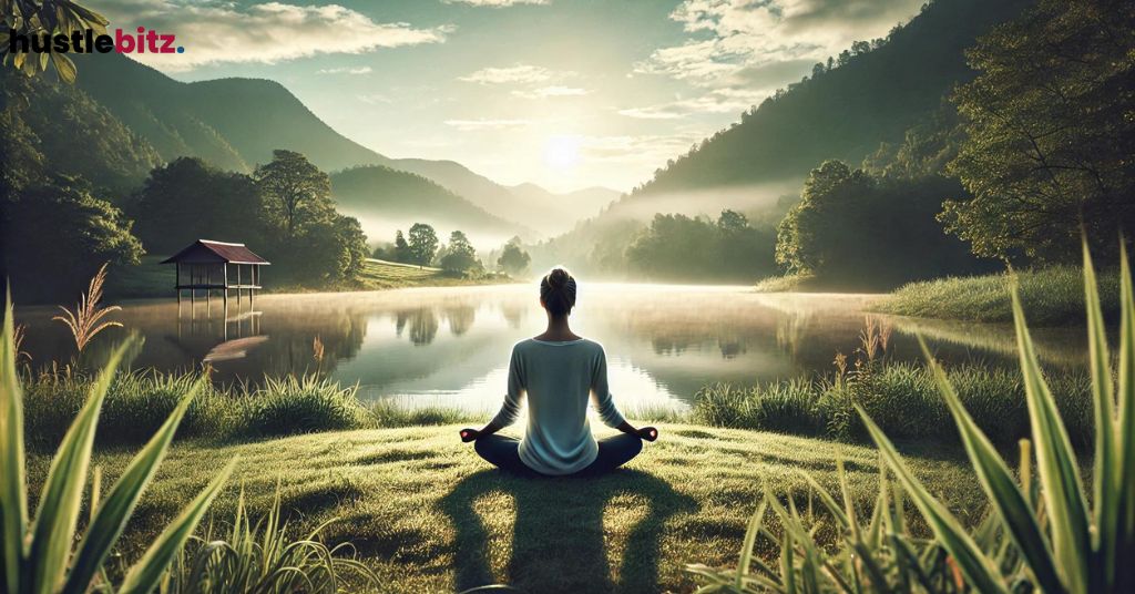 A woman doing meditation beside the lake facing the mountain