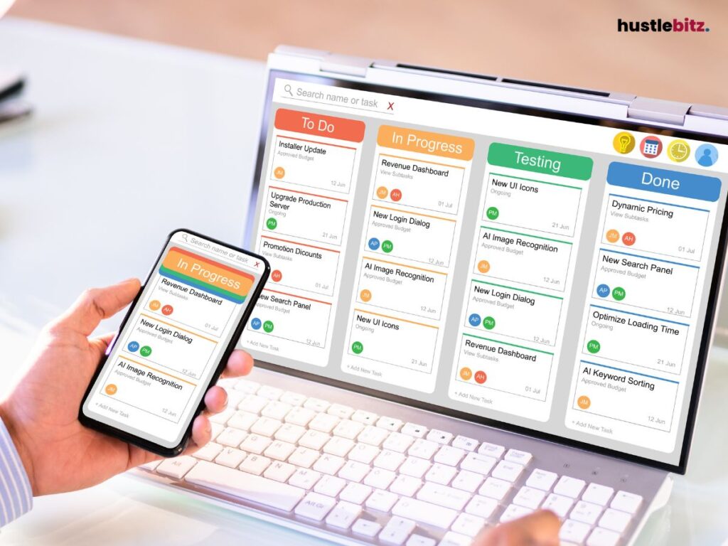 A hand holding a cellphone and a laptop with to do list